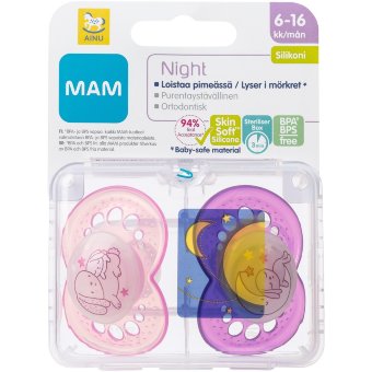 Соска-пустышка AinuMam Night 6-16 мес, 2 шт Соска-пустышка AinuMam Night 6-16 мес, 2 шт