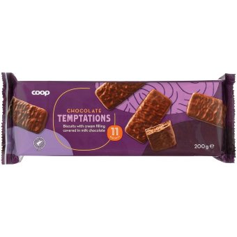 Печенье с кремовой начинкой в молочном шоколаде Coop Chocolate Temptations 200 гр Печенье с кремовой начинкой в молочном шоколаде Coop Chocolate Temptations 200 гр
