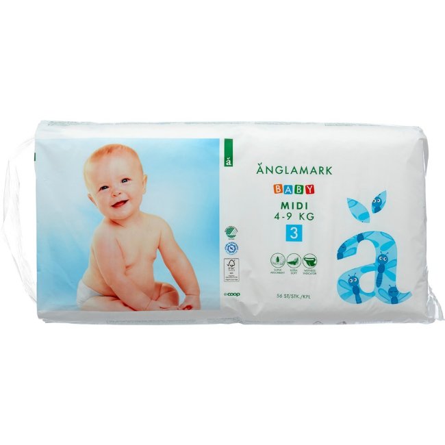 Детские подгузники на липучках Änglamark Baby midi 3 (4-9 кг) 56 шт Детские подгузники на липучках Änglamark Baby midi 3 (4-9 кг) 56 шт