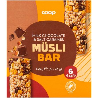 Мюсли батончики Coop с молочным шоколадом и солёной карамелью (уп 6 шт) 138 гр