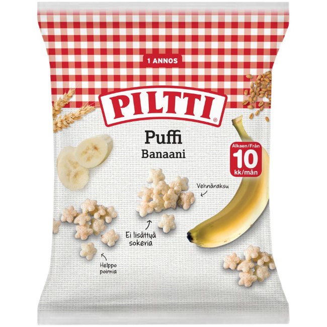Вкусные пшеничные снэки PILTTI Puffi с банановым вкусом 7 гр Вкусные пшеничные снэки PILTTI Puffi с банановым вкусом 7 гр
