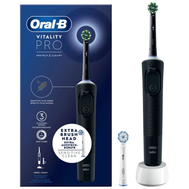 Электрическая зубная щетка Oral-B Vitality Pro Black с технологией Braun, 2 сменные насадки Электрическая зубная щетка Oral-B Vitality Pro Black с технологией Braun, 2 сменные насадки