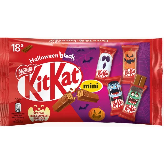 Мини-вафельные батончики Kit Kat, покрытые шоколадом на Хэллоуин (18x16,7 г) 301 гр Мини-вафельные батончики Kit Kat, покрытые шоколадом на Хэллоуин (18x16,7 г) 301 гр