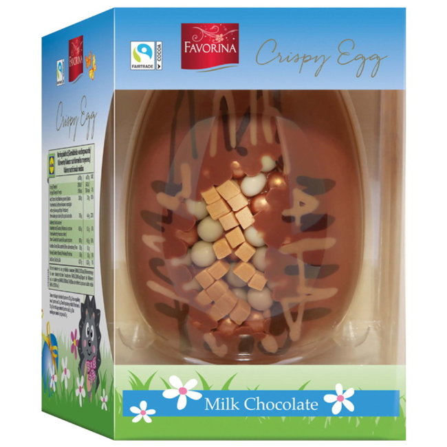 Шоколадное пасхальное яйцо Favorina Crispy Egg молочный шоколад с карамелью и декором 200 гр