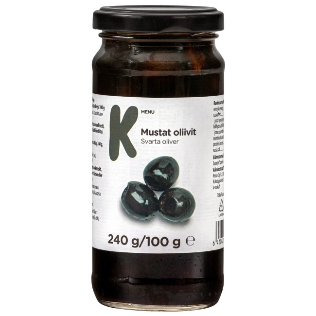 Оливки чёрные без косточек K-menu 240/100 гр.
