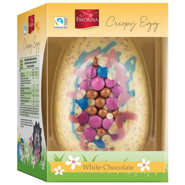 Шоколадное пасхальное яйцо Favorina Crispy Egg белый шоколад с цветным драже и карамелью 200 гр