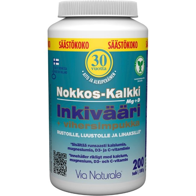 Витамины Nokkos-Kalkki-Inkivääri Крапива-кальциево-Имбирь + зеленые мидии (банка) 200 таблеток Via Naturale