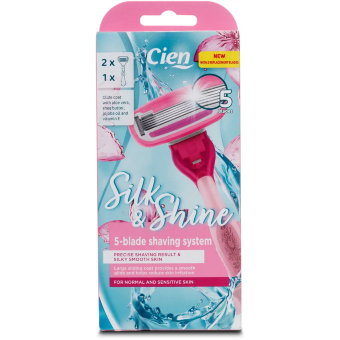 Женский бритвенный станок 5 лезвий Cien Silk & Shine с двумя кассетами Женский бритвенный станок 5 лезвий Cien Silk & Shine с двумя кассетами
