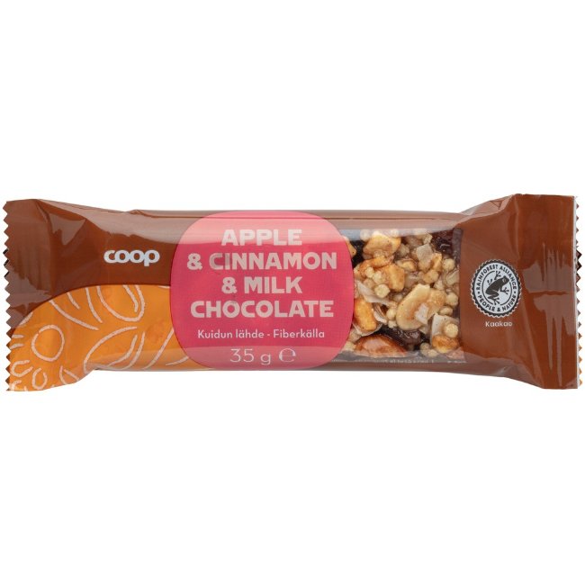 Орехово-фруктовый батончик Coop с яблоком, корицей и молочным шоколадом 35 гр Орехово-фруктовый батончик Coop с яблоком, корицей и молочным шоколадом 35 гр