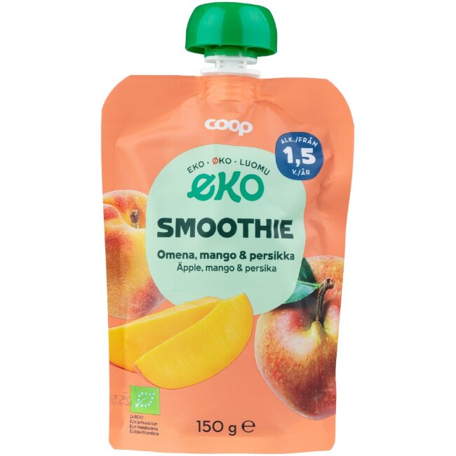 Органическое смузи Coop Eko с яблоком, манго и персиком 150 гр 1,5 года