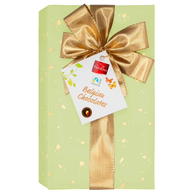 Подарочный набор бельгийского шоколада Favorina - Салатовый неон с золотым бантом 250 гр