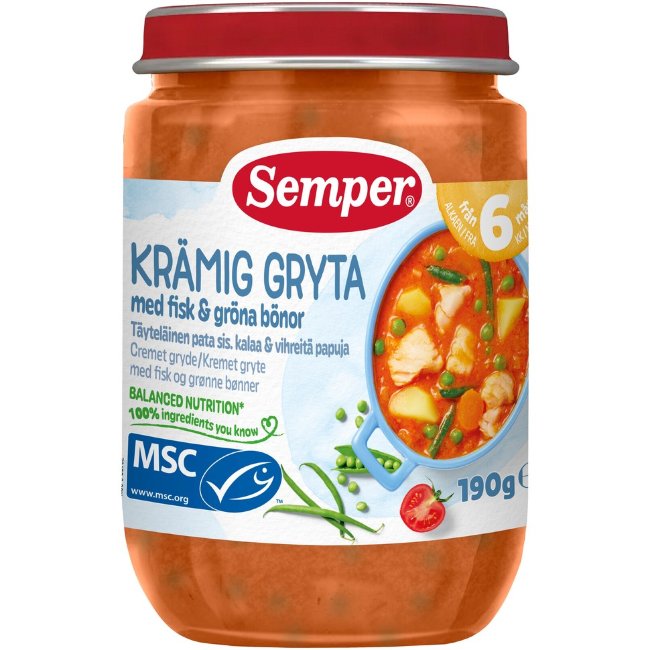 Детское питание Semper кремовое рагу с рыбой и зелеными бобами 6 мес 190 гр Детское питание Semper кремовое рагу с рыбой и зелеными бобами 6 мес 190 гр