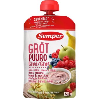 Каша Semper с яблоком, малиной, бананом и черникой 120 гр готовая к употреблению для детей от 6 мес