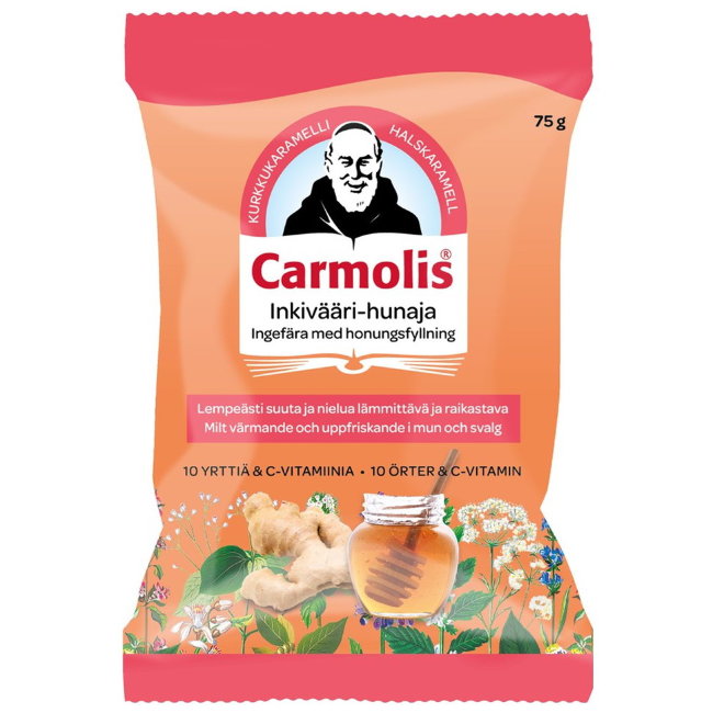 Согревающие леденцы для горла с имбирём, мёдом и 10 травами Carmolis Valioravinto 72 гр