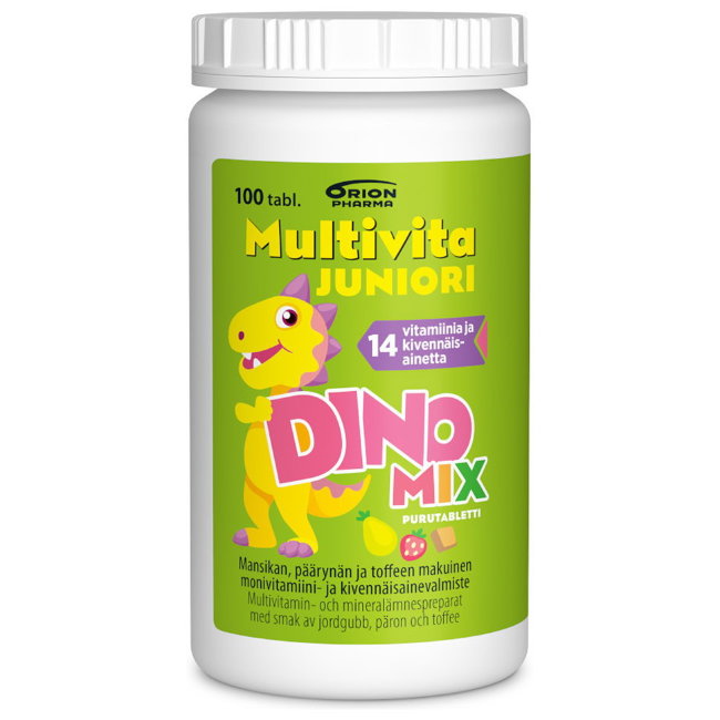 Витамины Multivita Joniori DINO MIX 14 витаминов и минералов 100 шт жевательные таблетки со вкусом ириски, клубники и груши