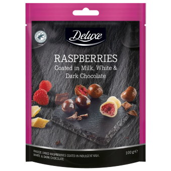 Малина в молочном, белом и тёмном шоколаде Deluxe 100 гр Малина в молочном, белом и тёмном шоколаде Deluxe 100 гр