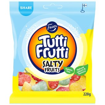 Фруктовые жевательные конфеты с соленой лакрицей Fazer Tutti Frutti Salty Fruits 220 гр Фруктовые жевательные конфеты с соленой лакрицей Fazer Tutti Frutti Salty Fruits 220 гр