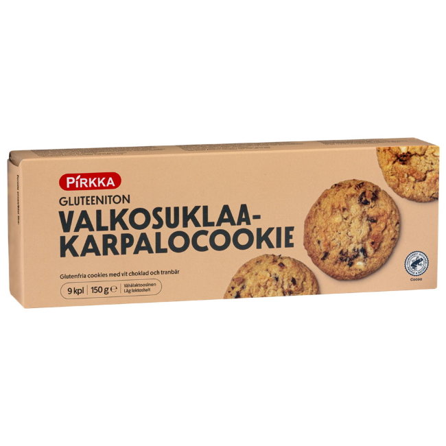 Печенье с белым шоколадом Pirkka gluteeniton valkosuklaa-karpalocookie 150 гр