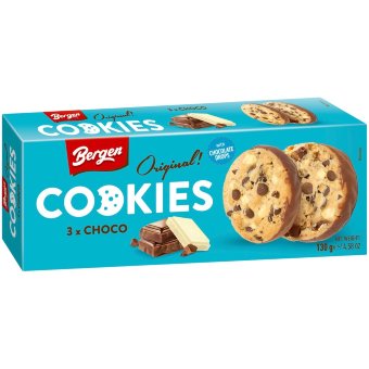Печенье Bergen Original Cookies 3x Choco 130 гр шоколадное с белым, молочным и темным шоколадом Печенье Bergen Original Cookies 3x Choco 130 гр шоколадное с белым, молочным и темным шоколадом