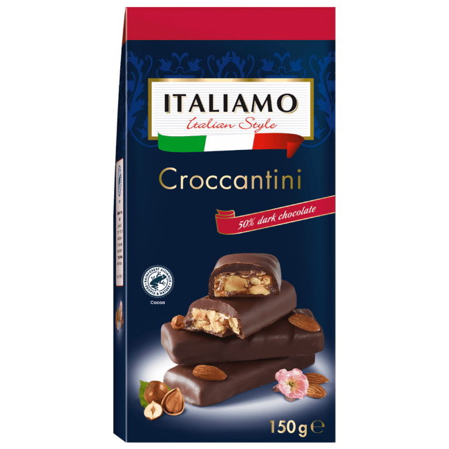 Конфеты из тёмного шоколада Croccantini с миндалём и фундуком ITALIAMO 150 гр Конфеты из тёмного шоколада Croccantini с миндалём и фундуком ITALIAMO 150 гр