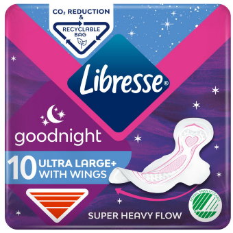 Прокладки гигиенические ночные Libresse Ultra+ Goodnight Wing 10 шт Прокладки гигиенические ночные Libresse Ultra+ Goodnight Wing 10 шт