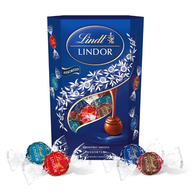 Конфеты Lindt LINDOR с молочным шоколадом, карамельно-морской солью, двойным шоколадом и темным шоколадом 45% 337 гр с мягкой начинкой