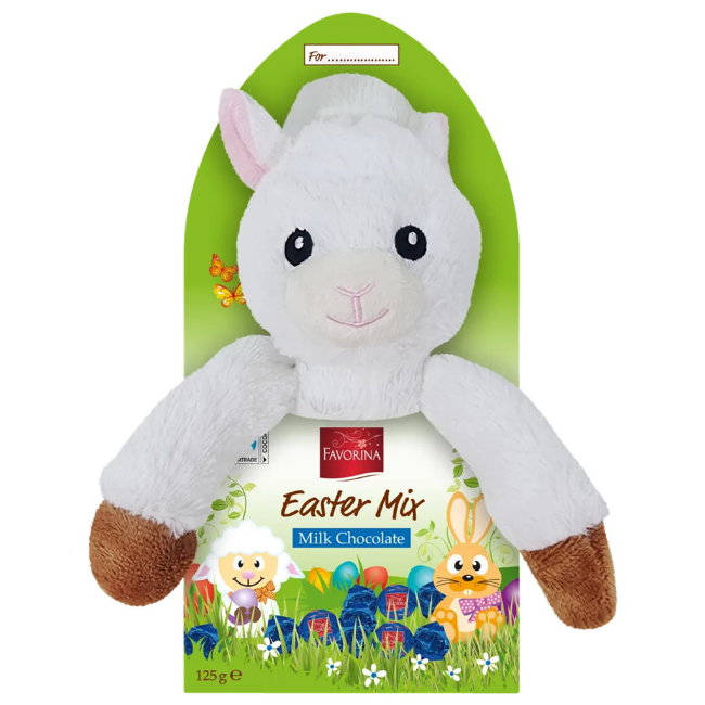 Детский пасхальный подарочный набор Favorina с мягкой игрушкой Барашек и молочным шоколадом 125 гр