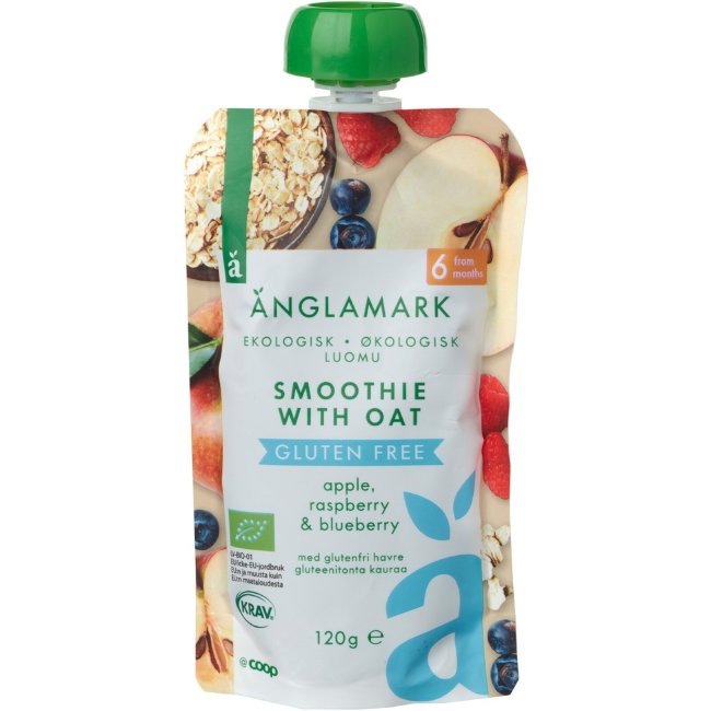 Смузи овсяной Änglamark с органическими яблоком, малиной и черникой без глютена 120 гр 6 мес Смузи овсяной Änglamark с органическими яблоком, малиной и черникой без глютена 120 гр 6 мес