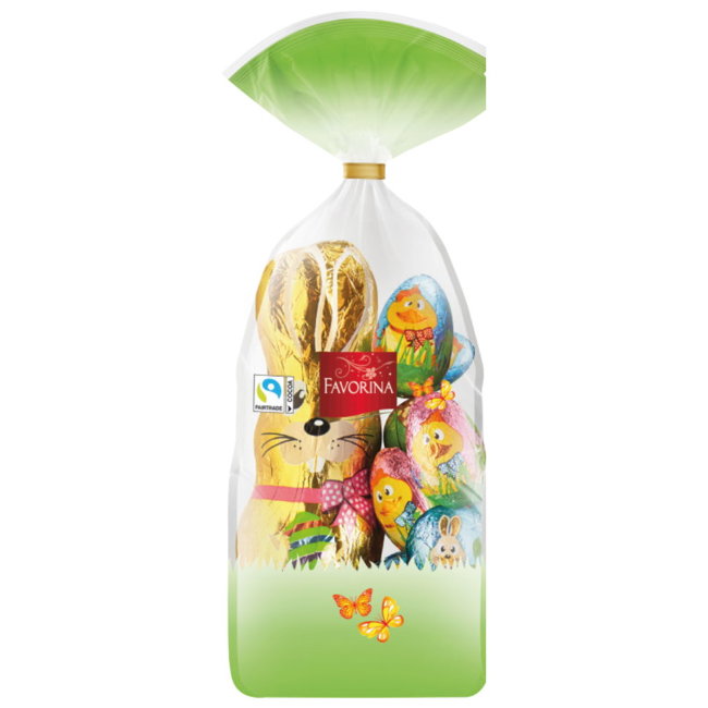 Пасхальный подарочный набор Favorina - фигурка Золотой заяц и шоколадные яйца 120 гр