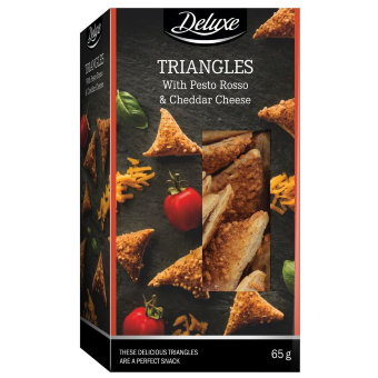 Сырные снеки Deluxe TRIANGLES с песто россо и сыром чеддер 65 гр Сырные снеки Deluxe TRIANGLES с песто россо и сыром чеддер 65 гр