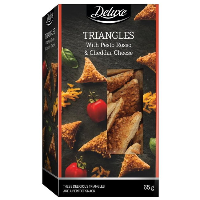 Сырные снеки Deluxe TRIANGLES с песто россо и сыром чеддер 65 гр Сырные снеки Deluxe TRIANGLES с песто россо и сыром чеддер 65 гр