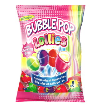 Фруктовые леденцы на палочке с жевательной резинкой Woogie Bubble Pop 144 гр Фруктовые леденцы на палочке с жевательной резинкой Woogie Bubble Pop 144 гр