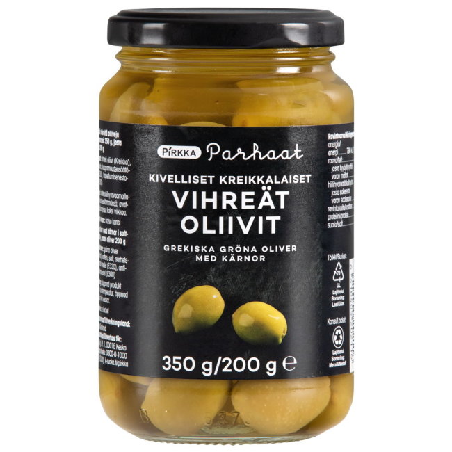Зеленые оливки Pirkka греческие отборные 350/200 гр Зеленые оливки Pirkka греческие отборные 350/200 гр