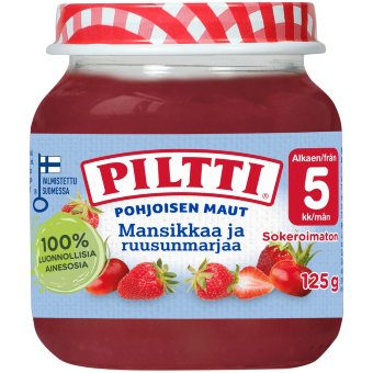 Пюре (клубника и шиповник) Piltti 125 гр с 5 месяцев Пюре (клубника и шиповник) Piltti 125 гр с 5 месяцев