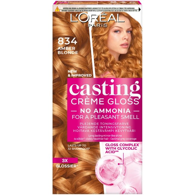 Легкая краска для волос L'Oréal Paris Casting Crème Gloss 834 Amber Blonde естественный светлый медно-золотистый 1 шт Легкая краска для волос L'Oréal Paris Casting Crème Gloss 834 Amber Blonde естественный светлый медно-золотистый 1 шт