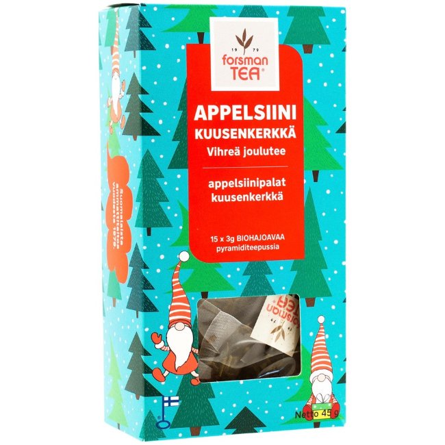 Чай зелёный листовой в пирамидках Forsman (Рождественский с апельсином) 15x3G Appelsiini Joulutee Чай зелёный листовой в пирамидках Forsman (Рождественский с апельсином) 15x3G Appelsiini Joulutee