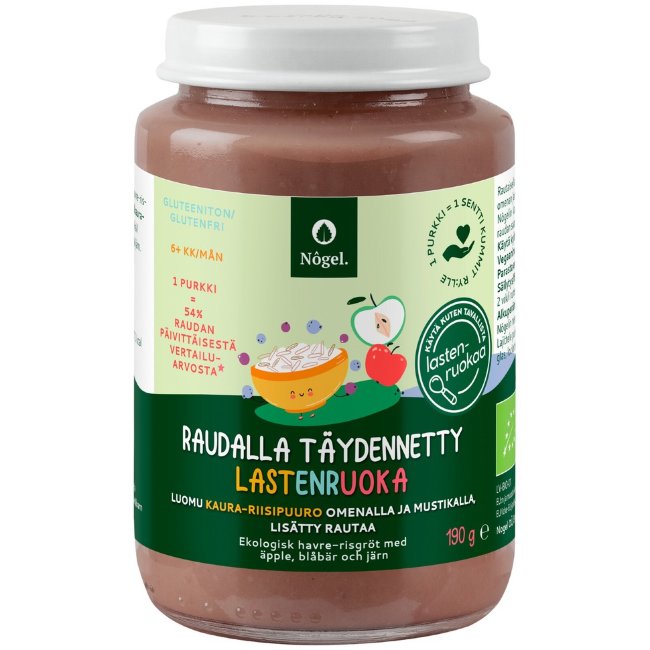 Органическая овсяно-рисовая каша Nôgel с яблоком и черникой, обогащённая железом, 190 гр
