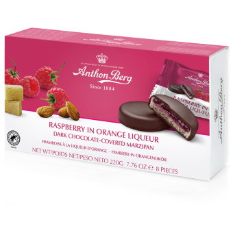 Марципановое печенье в темном шоколаде Anthon Berg с малиново-апельсиновым ликером 220 гр