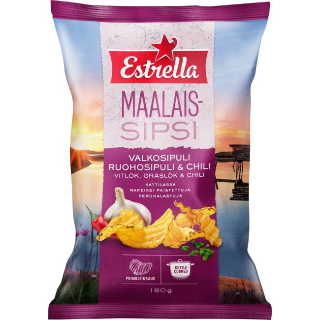 Чипсы Estrella Maalaissipsi с чесноком, зеленым луком и чили 180 гр