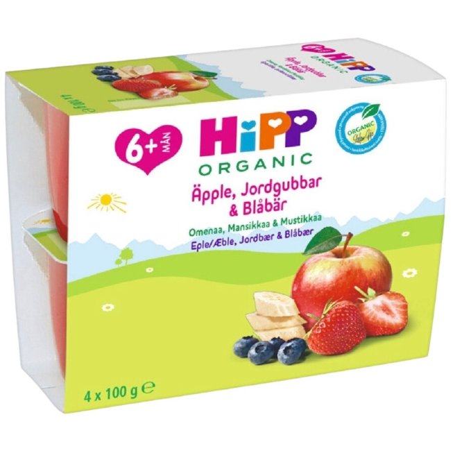 Фруктовое пюре HiPP Luomu Fruit Break (уп 4 шт) 400 гр яблоко, клубника и черника с 6 месяцев Фруктовое пюре HiPP Luomu Fruit Break (уп 4 шт) 400 гр яблоко, клубника и черника с 6 месяцев