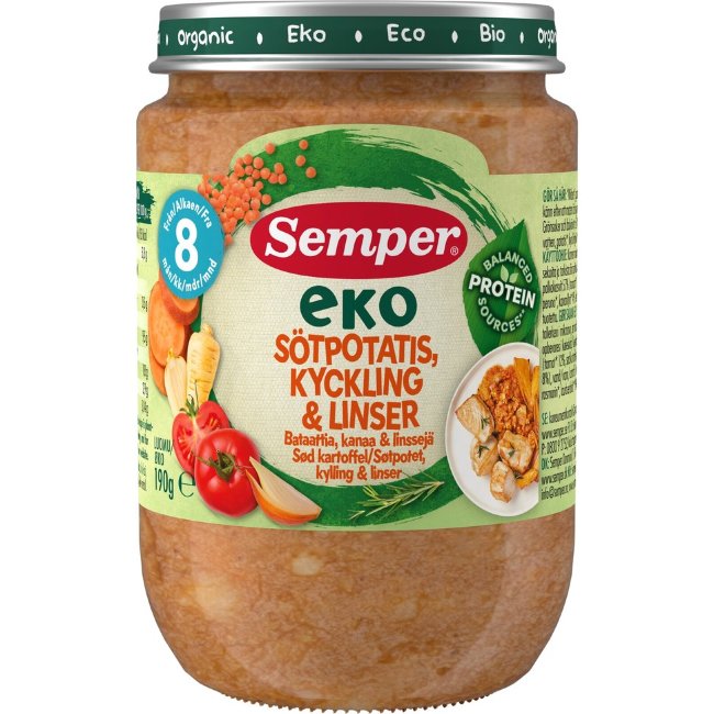 Детское пюре Semper EKO батат, курица и чечевица 190 гр (с 8 мес) био