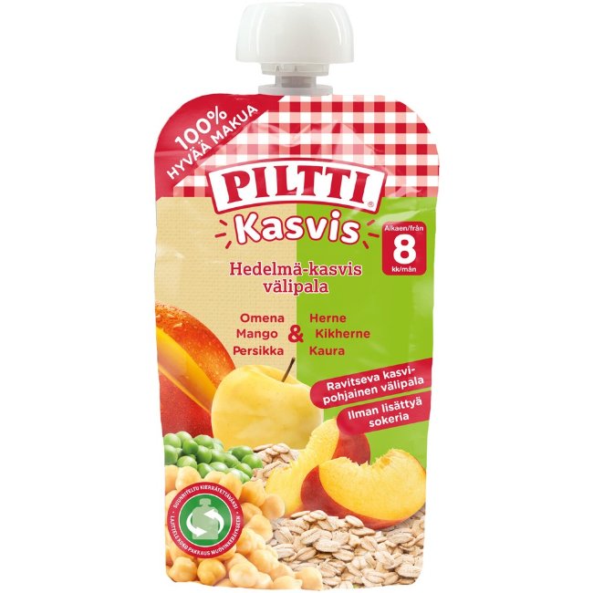 Овощной перекус Piltti 110 гр органический с яблоком, манго, персиком, горохом, нутом и овсом с 8 месяцев Овощной перекус Piltti 110 гр органический с яблоком, манго, персиком, горохом, нутом и овсом с 8 месяцев