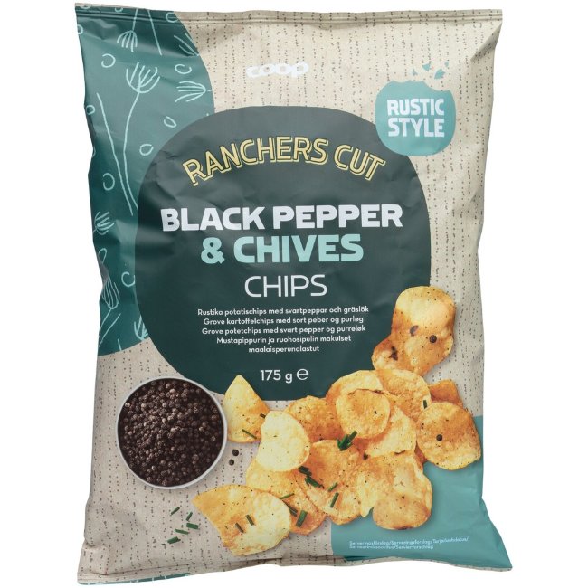 Деревенские картофельные чипсы с черным перцем и зеленым луком Coop 175 гр