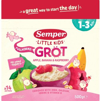 Цельнозерновая каша Semper с яблоком, бананом и малиной для детей 1-3 года 500 гр