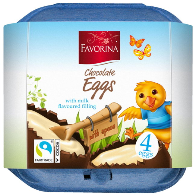 Шоколадные яйца Favorina Веселый цыпленок с молочной начинкой 4 шт/уп 144 гр