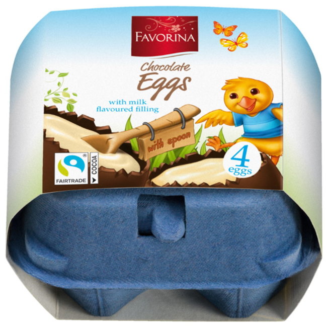 Шоколадные яйца Favorina Веселый цыпленок с молочной начинкой 4 шт/уп 144 гр
