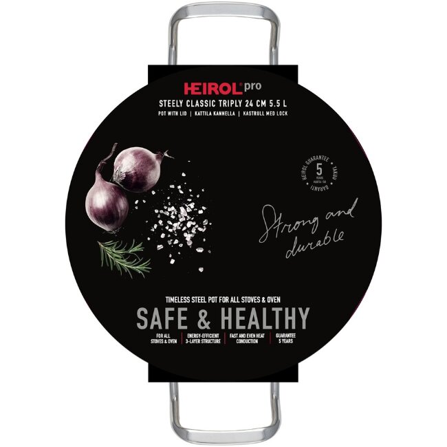 Классическая стальная кастрюля Heirol 24 см 5,5 л с крышкой Steely Classic Triply