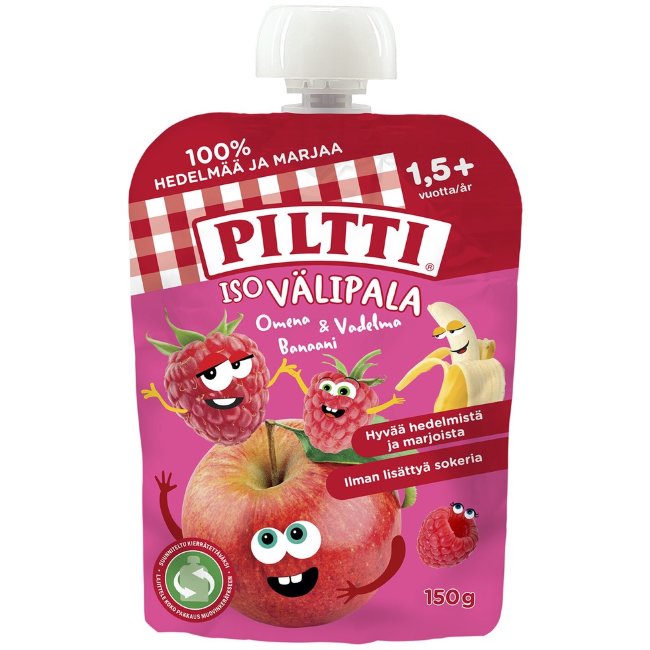 Фруктовое пюре Piltti 150 гр Яблоко-малина-банан для детей от 1,5 лет Фруктовое пюре Piltti 150 гр Яблоко-малина-банан для детей от 1,5 лет