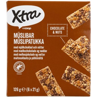 Батончики мюсли с шоколадом и орехами Xtra (уп 6 шт) 126 гр