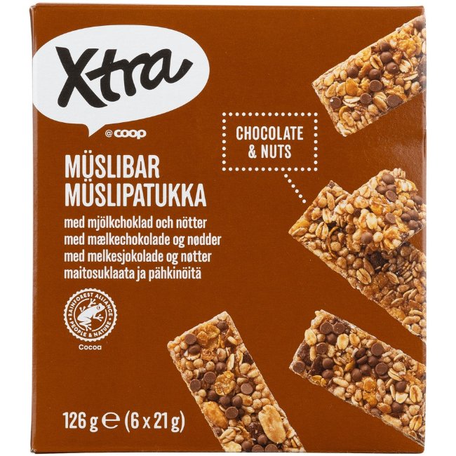 Батончики мюсли с шоколадом и орехами Xtra (уп 6 шт) 126 гр Батончики мюсли с шоколадом и орехами Xtra (уп 6 шт) 126 гр